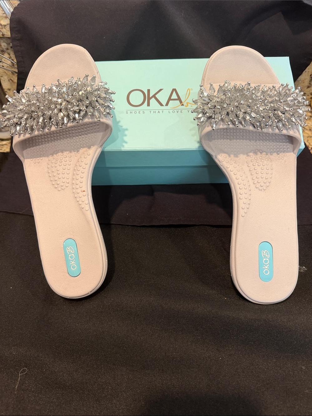 OKAb sandals  with acrylic “cubes” on the front